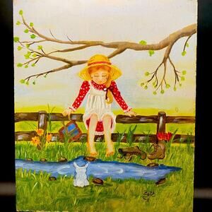 Original Little girl on Fence by Stream painting signed by artist “Bath”